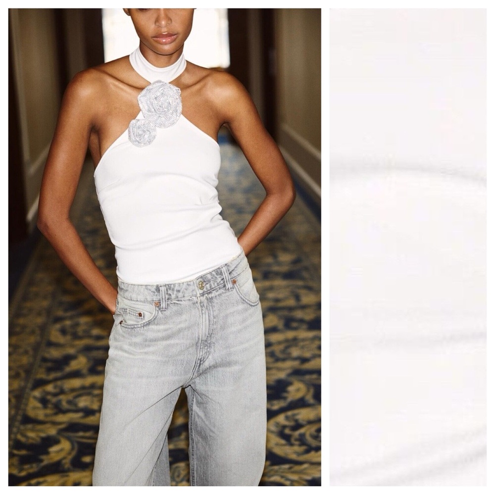 NWT. Zara White Rhinestone Floral Fitted Halter Neck Bodysuit. Size L.